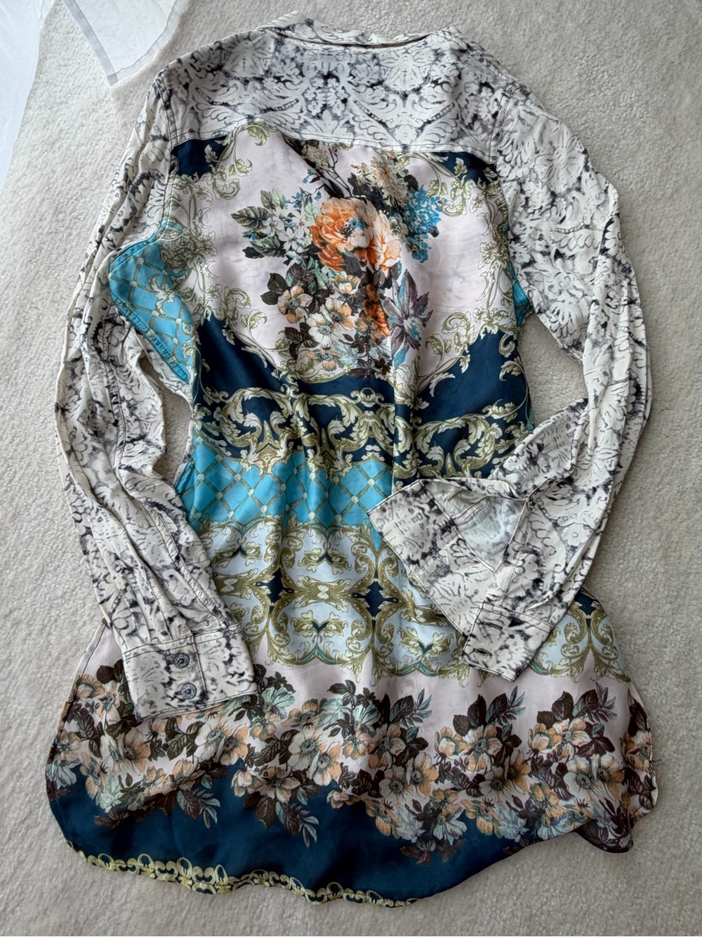 Floral Print Long-Sleeve Asymmetrical Blouse - Teal, Navy & Creamy Grey